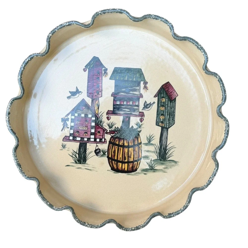 Vintage 2001 Home & Garden Party Birdhouse Stoneware Pie Dish Scalloped Rim USA
